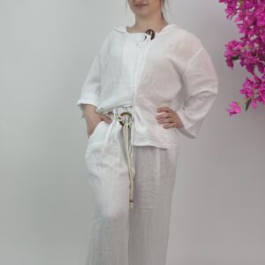 Lniany komplet damski biały, styl boho premium